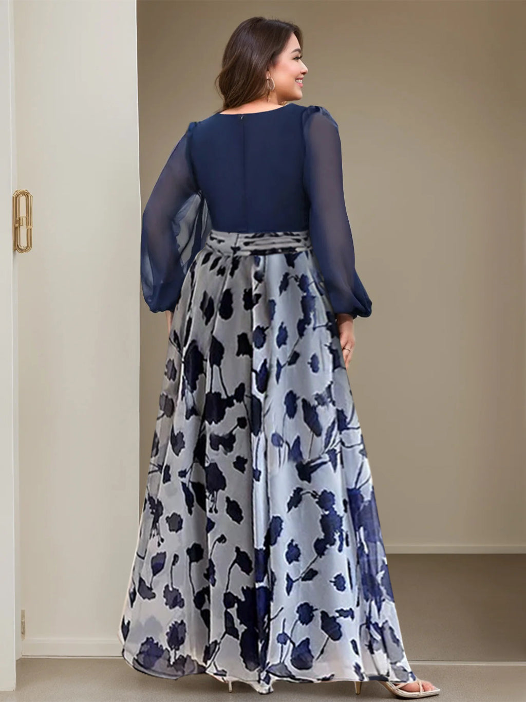 Blue-Grey Chiffon Printed V-Neck Fitted Waist Maxi Dress