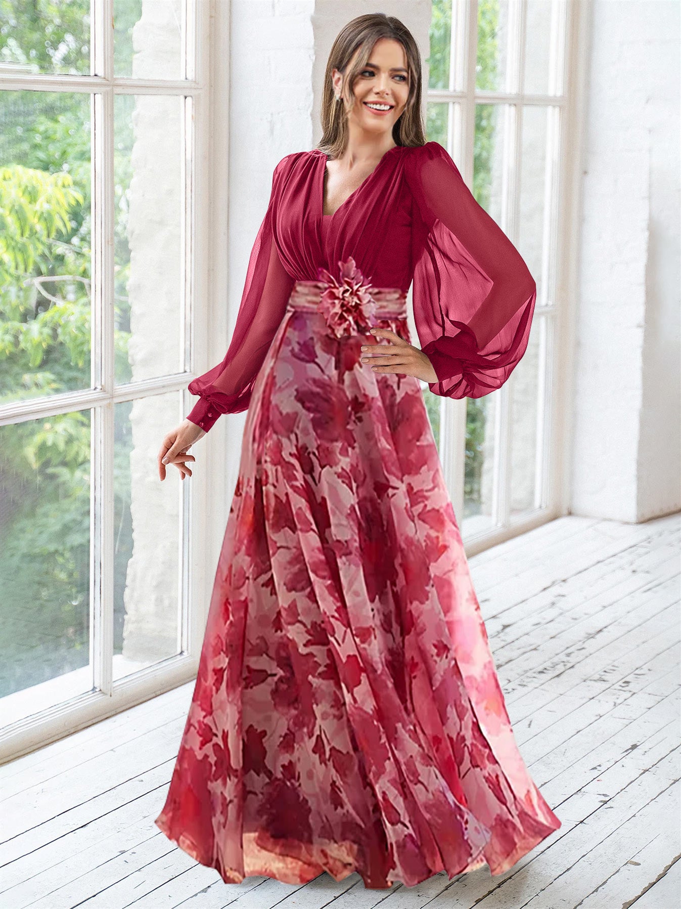 Blue-Grey Chiffon Printed V-Neck Fitted Waist Maxi Dress