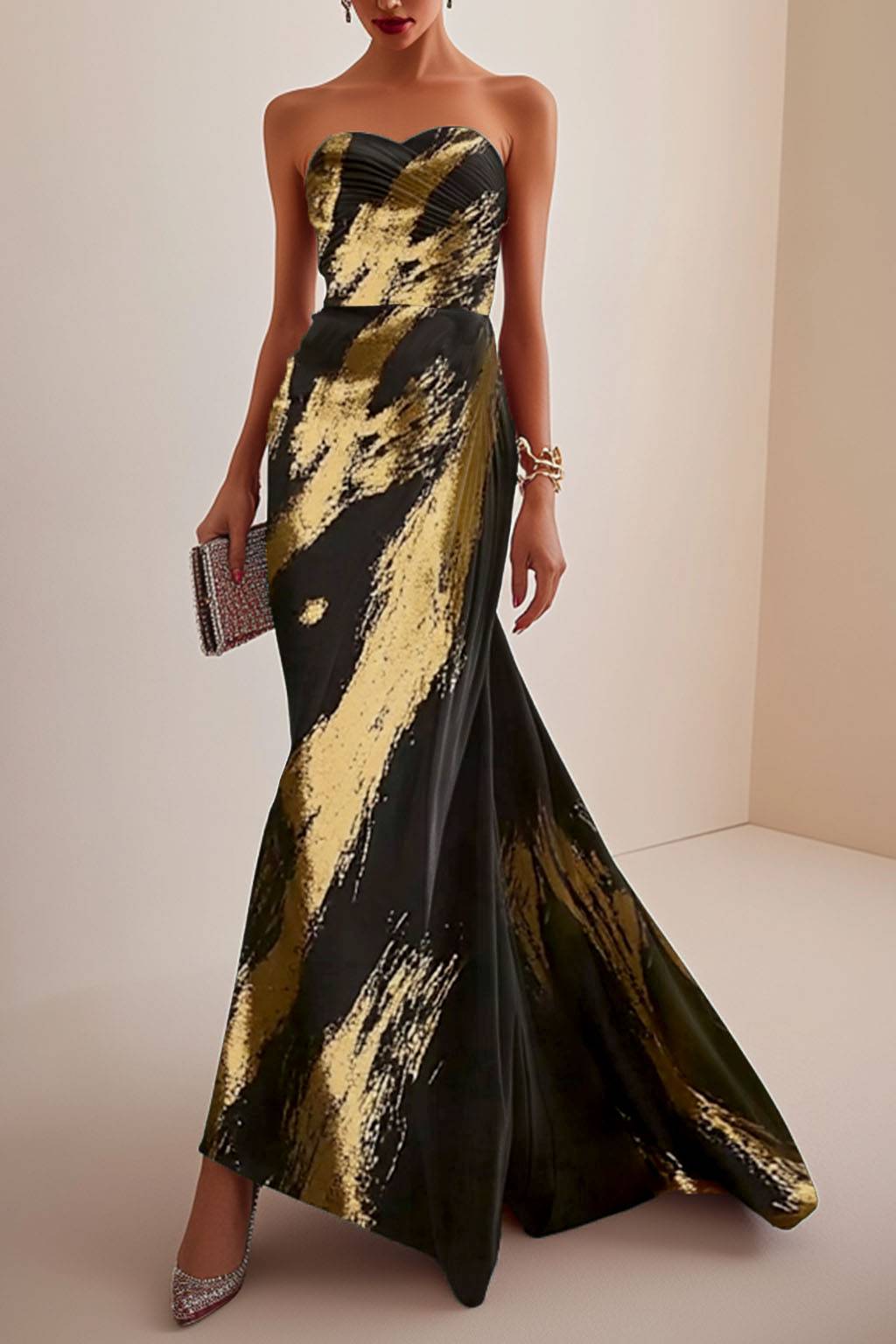 Party Black and Gold Dress Tube Top Pleated with Train Maxi Dress