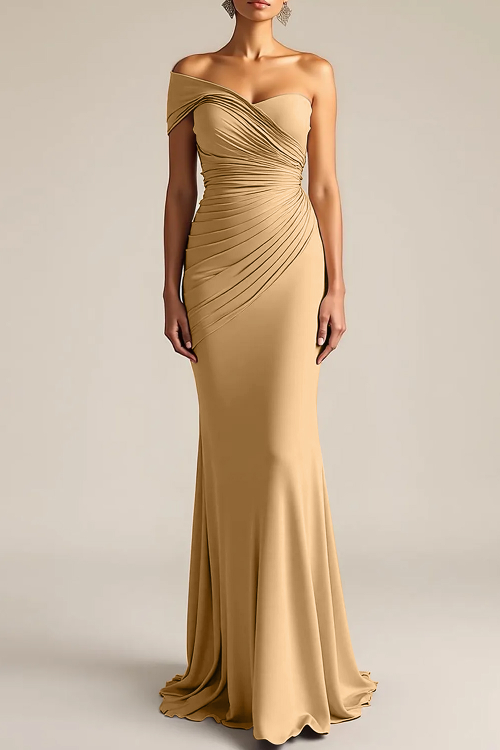 Formal Dress Light Khaki Sheath One Shoulder Maxi Dress
