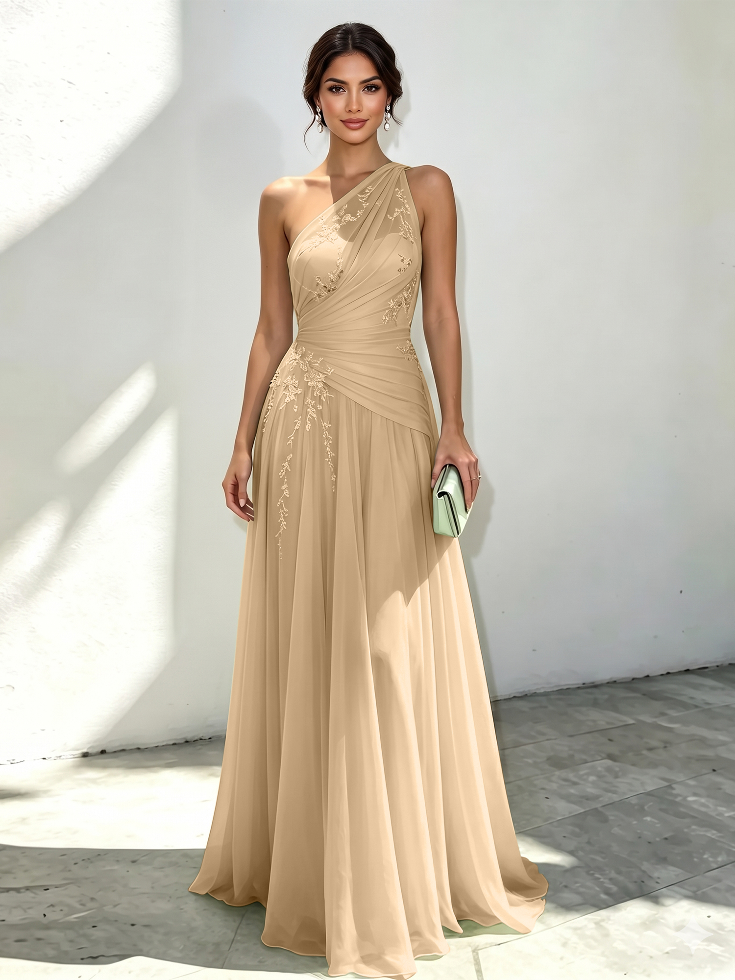 Mint Green Applique 3D Floral Chiffon One Shoulder Sleeveless A-Line Floor Length Dress