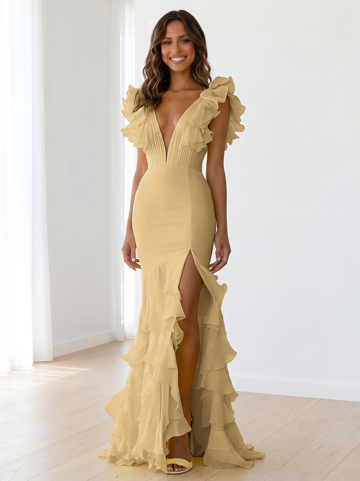 Yellow Chiffon V Neck Mermaid Ruffled Maxi Formal Dress with Slit