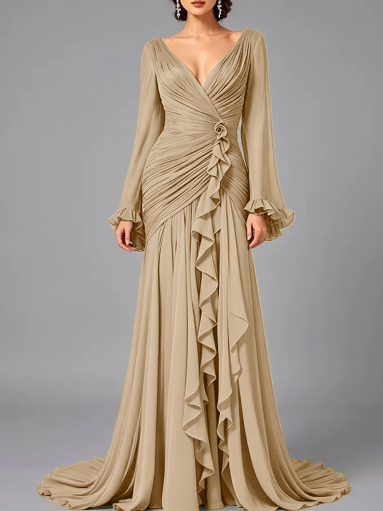 V-Neck Sheer Long Sleeve Ruffled Chiffon Dress
