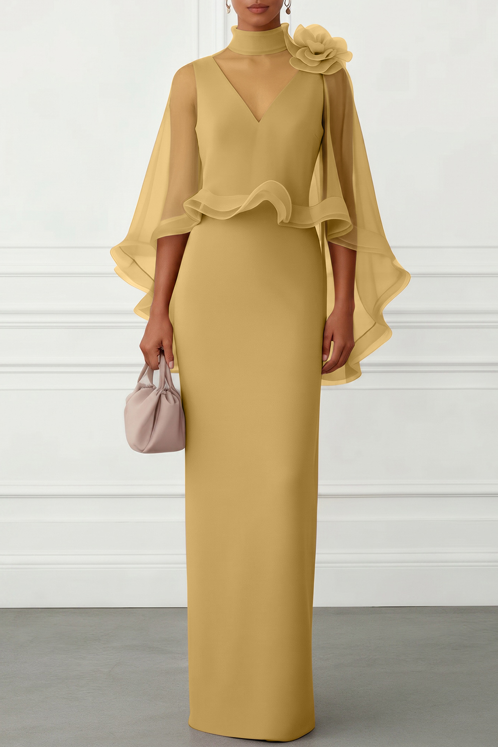 Nudepink 3D Floral Mesh Classic Mock Neck Half Sleeve Sheath Floor-length Gown Dress