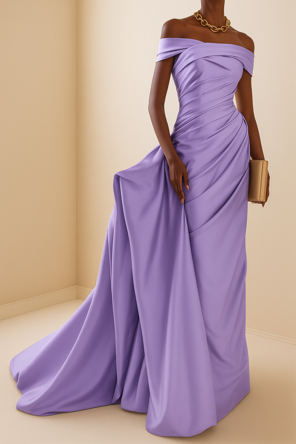 Lavender Off-Shoulder Draped Evening Gown