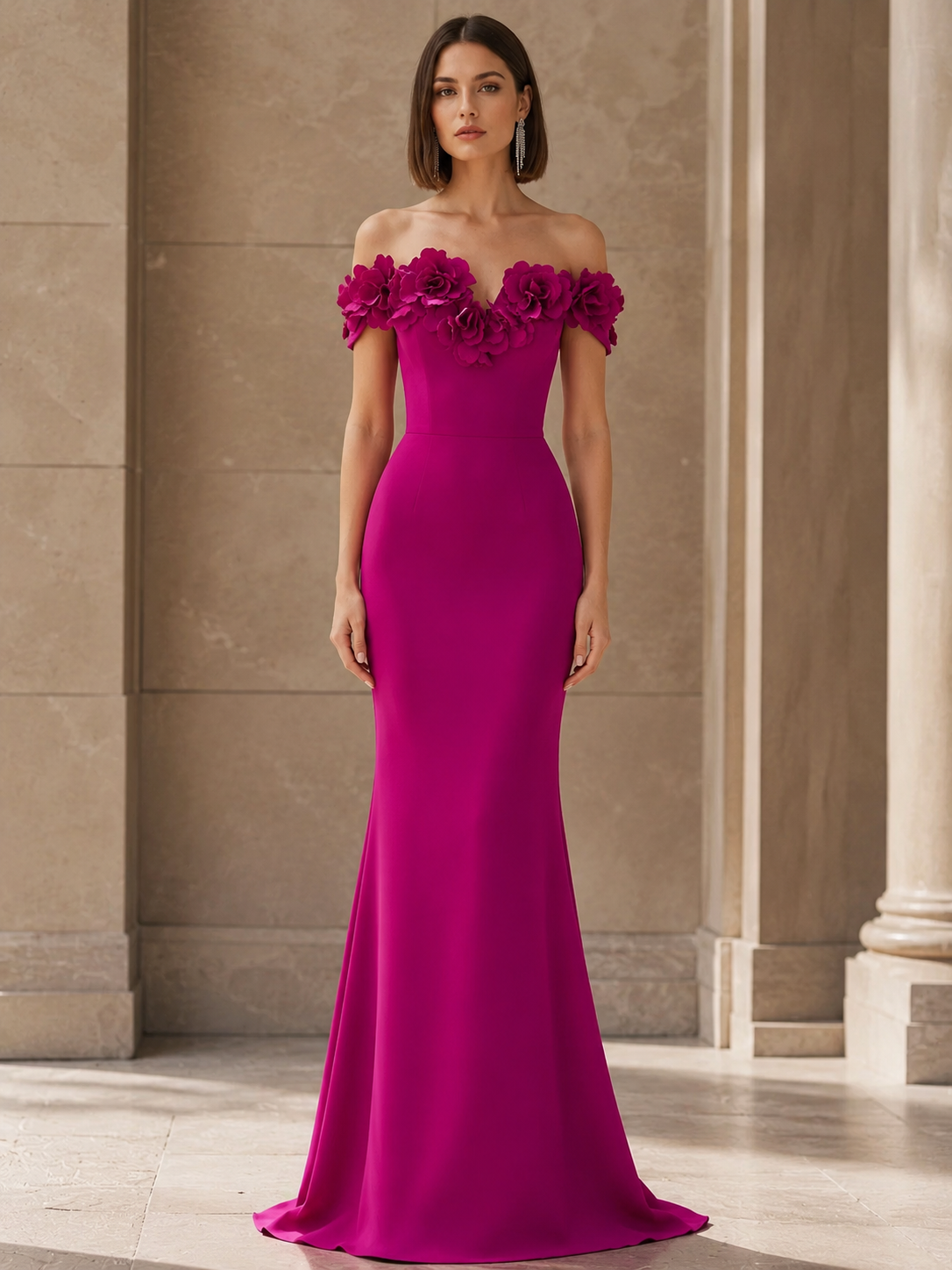 Off-Shoulder 3D Floral Appliqués Fishtail Maxi Dress