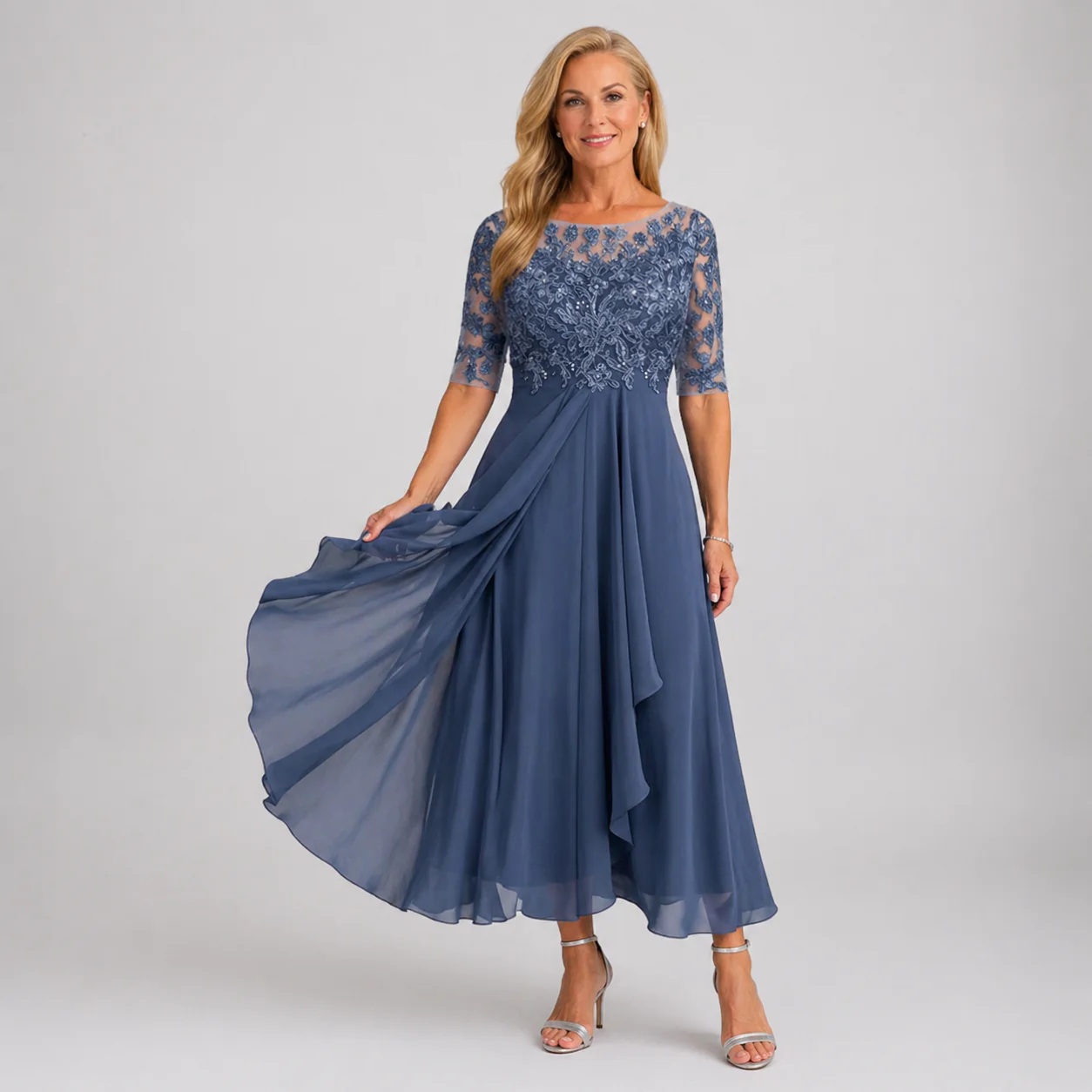 High-Quality Soft Fabric for Wedding Guests Mother of the Bride Dress Tea Length Elegant A-Line Chiffon Gown with Scoop Neck 1/2 Sleeves & Lace Appliques