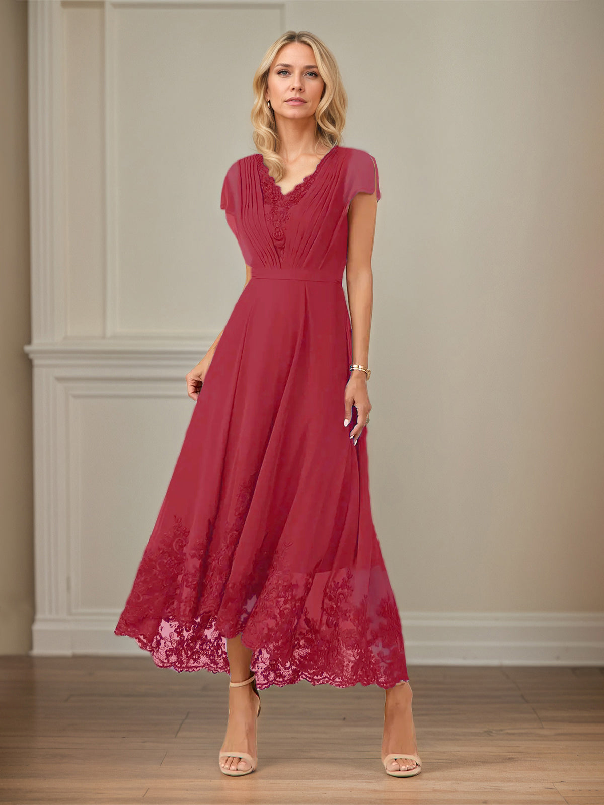 A Line V Neck Flutter Sleeve Ankle Length Chiffon Dress With Appliques