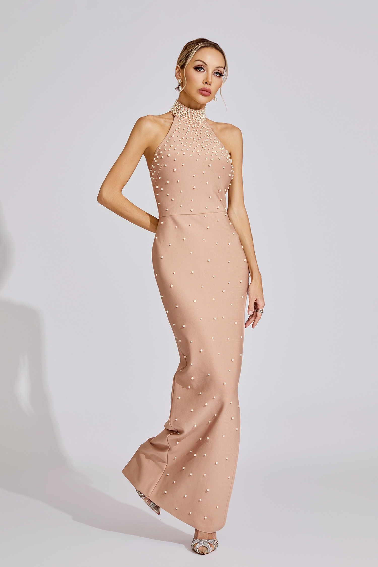 Nude Pearl Embellished Halter Maxi Dress