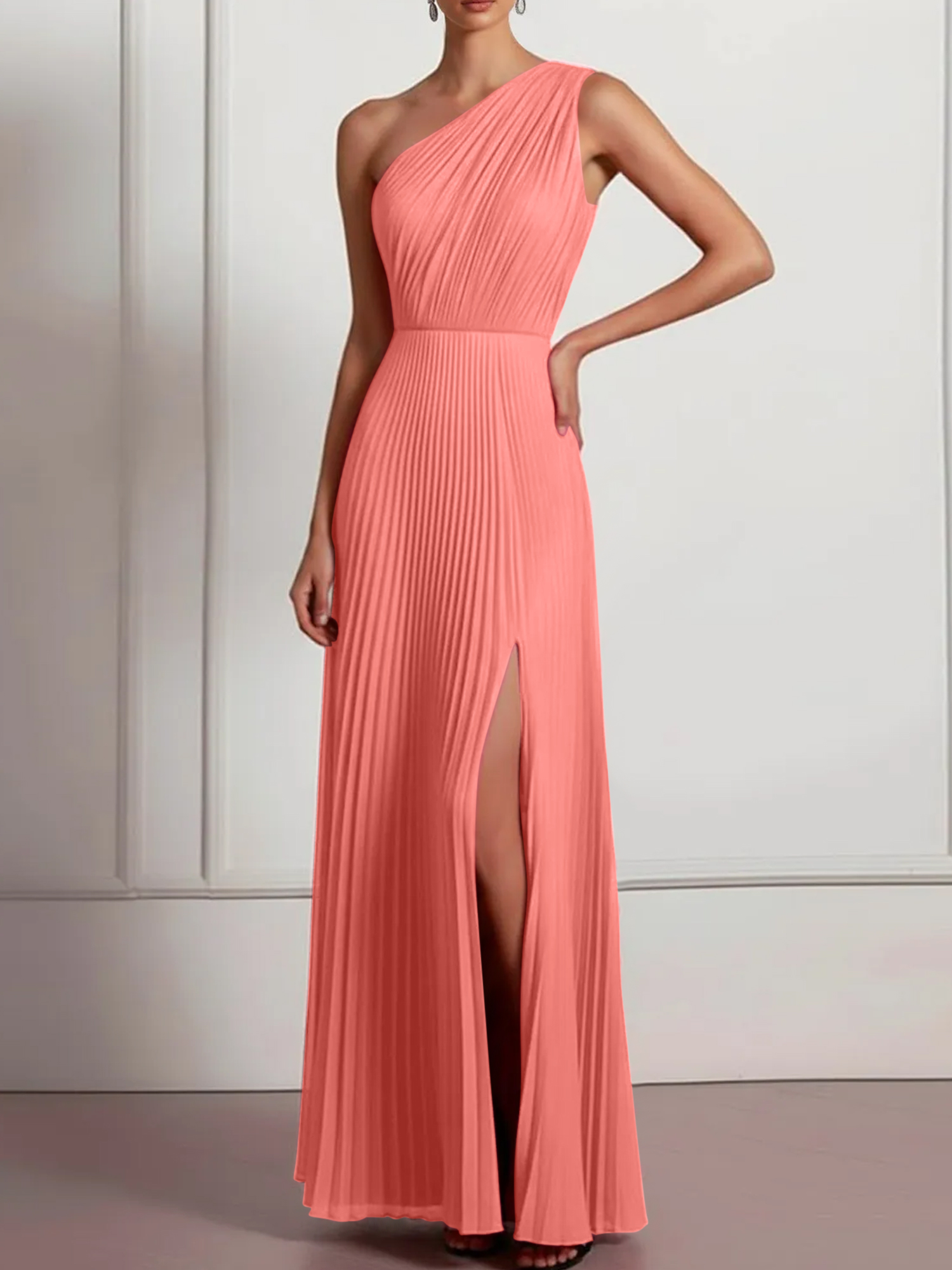 Blush Formal Party Dress One Shoulder Pleated Maxi Dress with Slit