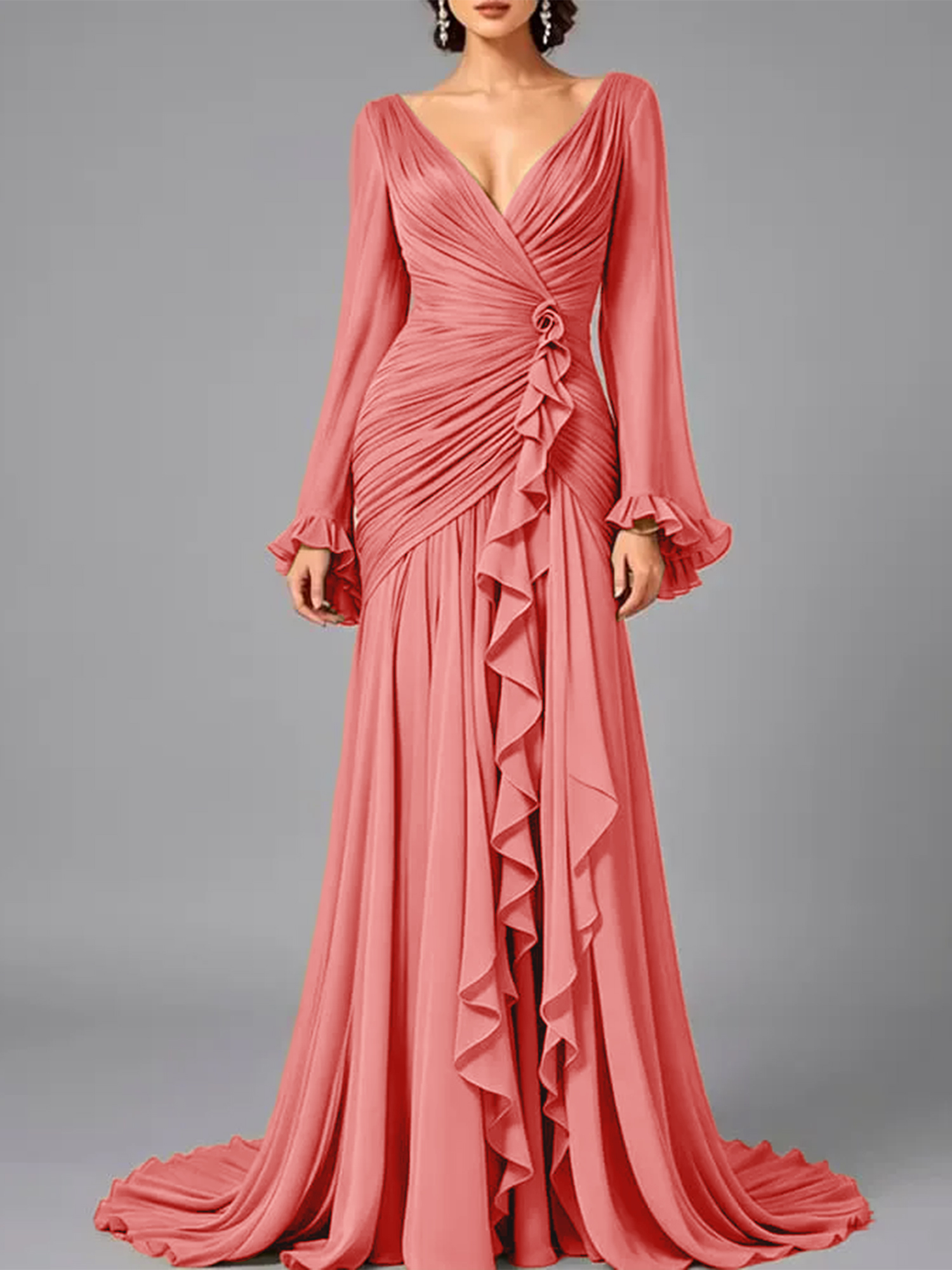 V-Neck Sheer Long Sleeve Ruffled Chiffon Dress