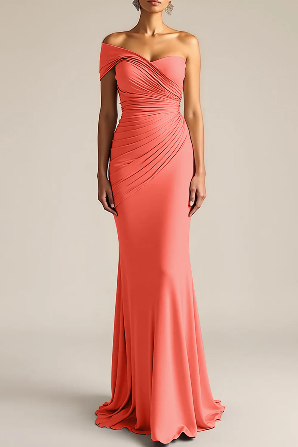 Formal Dress Light Khaki Sheath One Shoulder Maxi Dress
