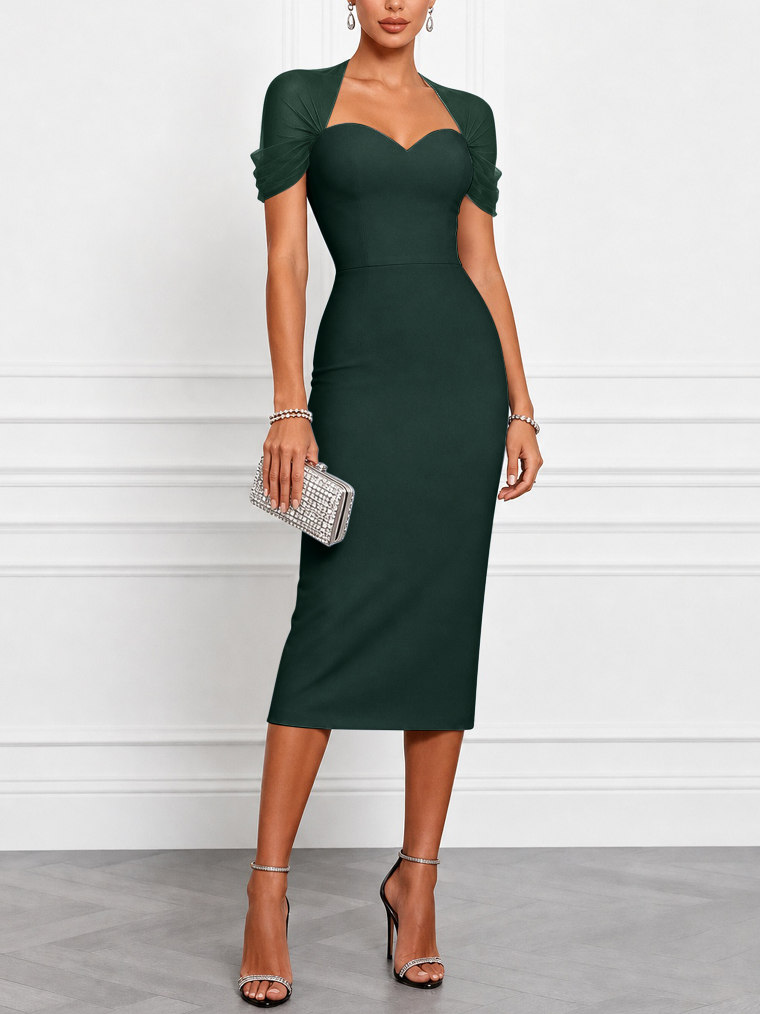 Black Sweetheart Neckline Mesh Sleeve Blended Midi Dress