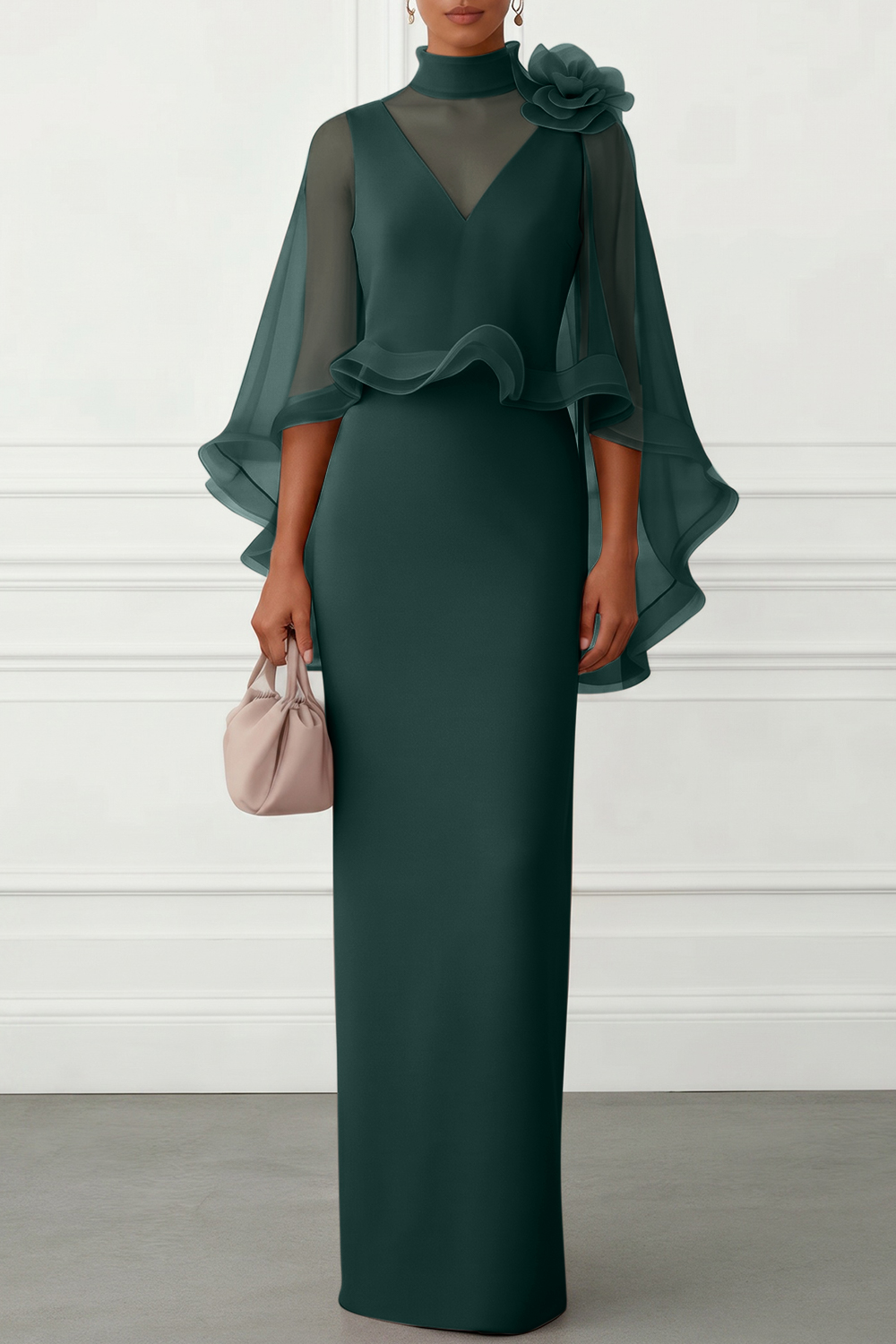 Nudepink 3D Floral Mesh Classic Mock Neck Half Sleeve Sheath Floor-length Gown Dress