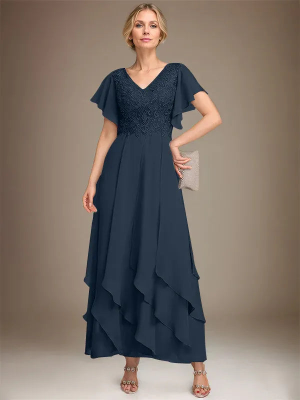 A-line V-Neck Ankle-Length Lace Chiffon Mother of the Bride Dress With Cascading Ruffles