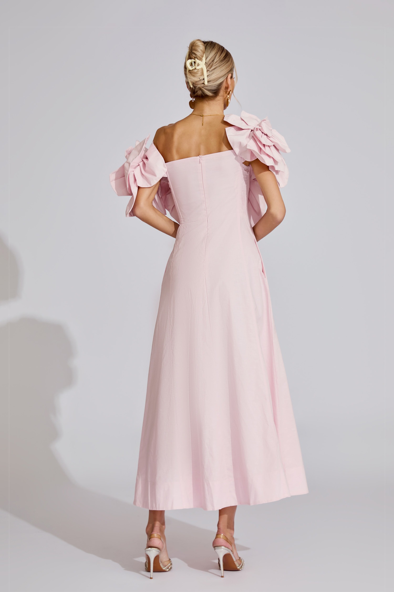 Pink 3D Flower Off-the-shoulder Maxi Dress