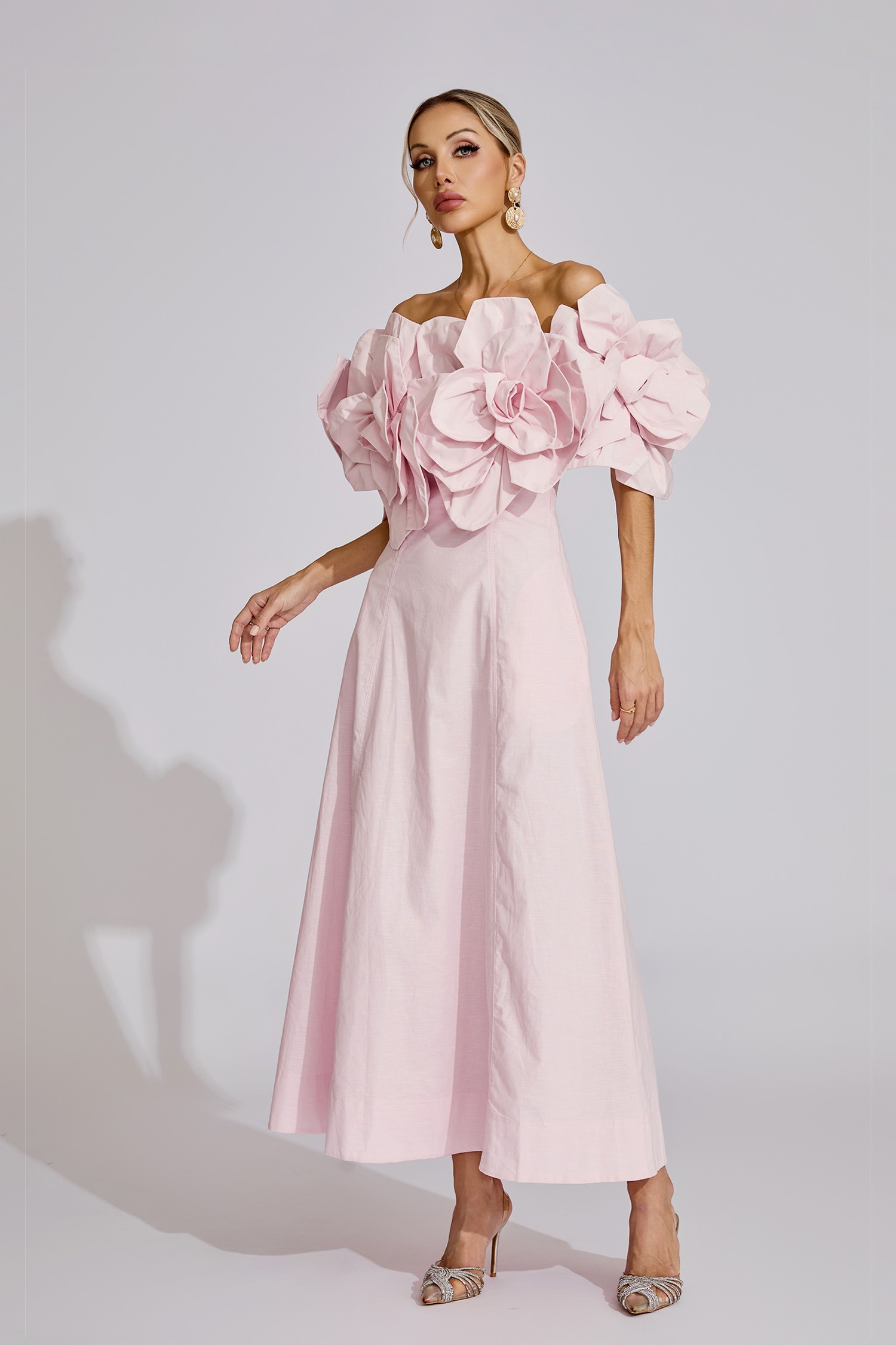 Pink 3D Flower Off-the-shoulder Maxi Dress