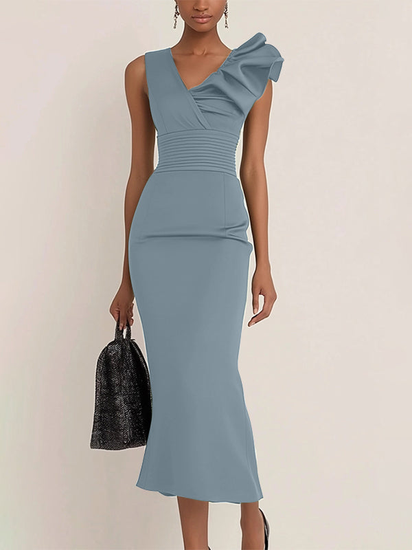 Work Semi-Formal Dress Green Sleeveless Ruffle Fitted Midi Dress