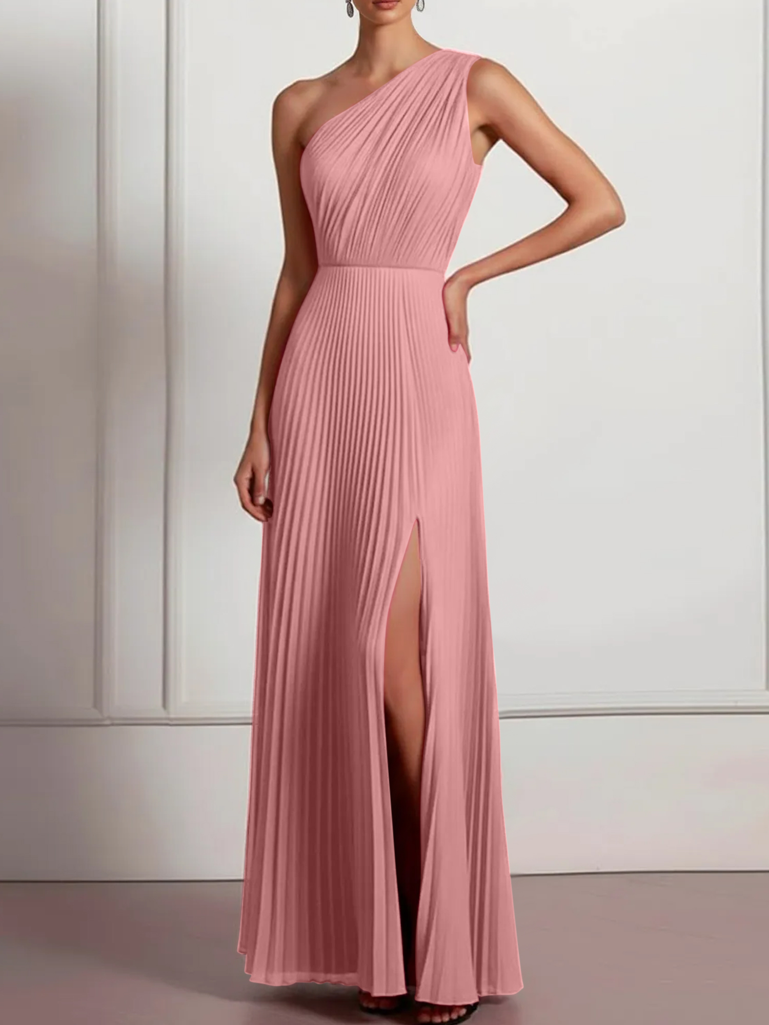 Blush Formal Party Dress One Shoulder Pleated Maxi Dress with Slit