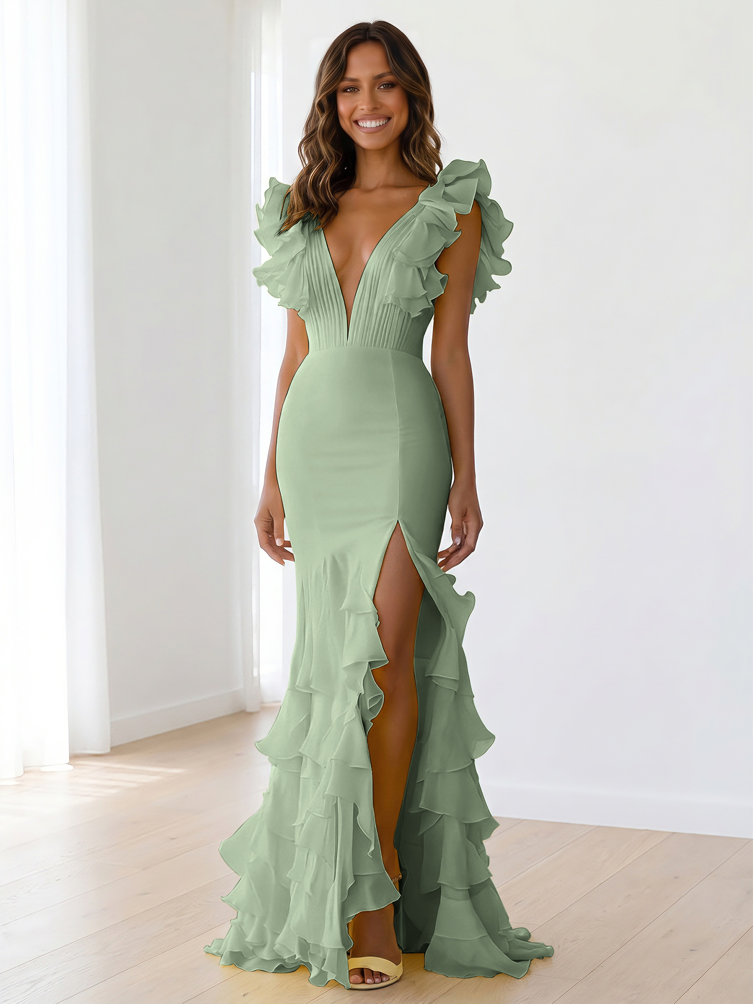 Yellow Chiffon V Neck Mermaid Ruffled Maxi Formal Dress with Slit