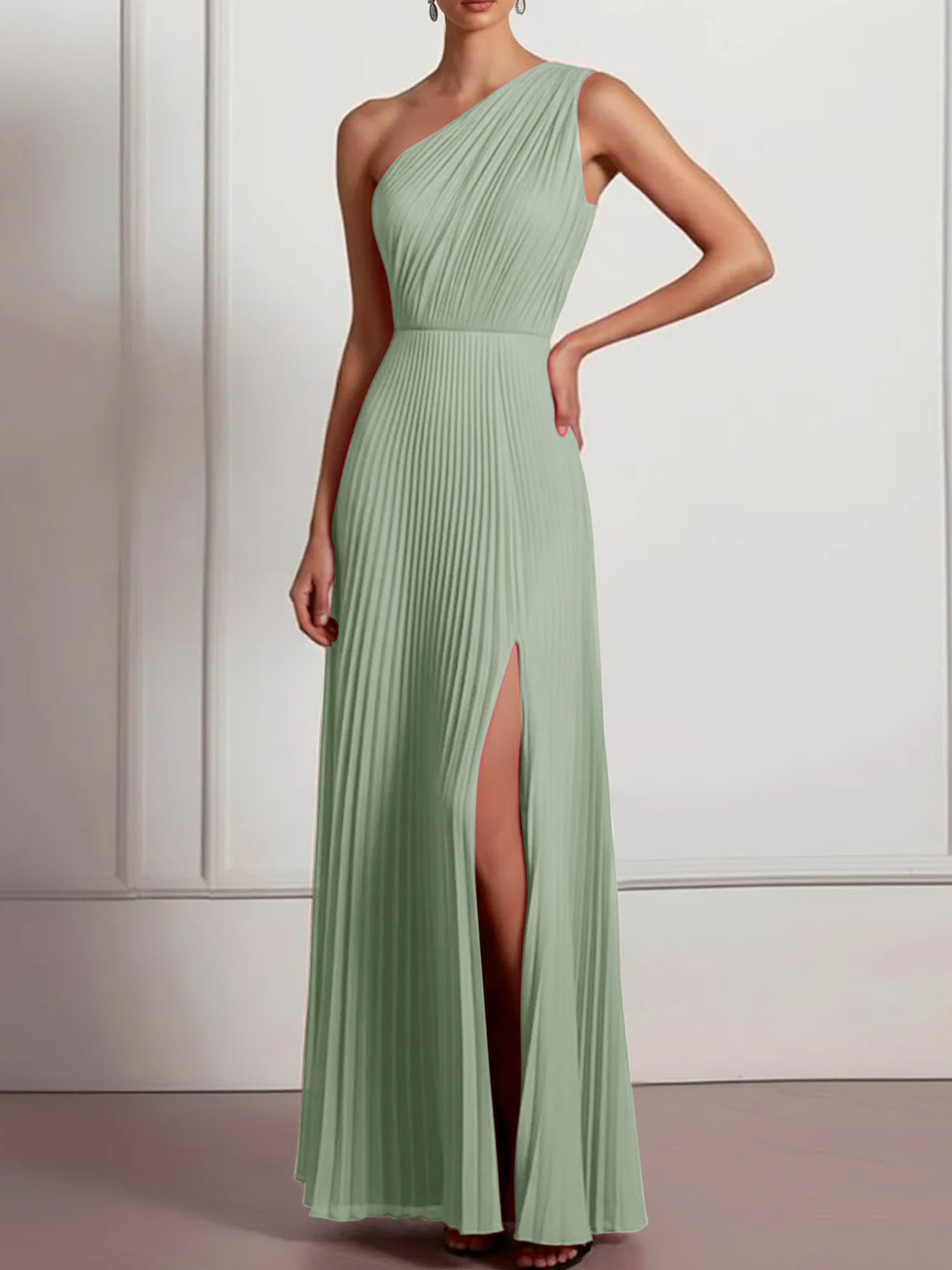 Blush Formal Party Dress One Shoulder Pleated Maxi Dress with Slit