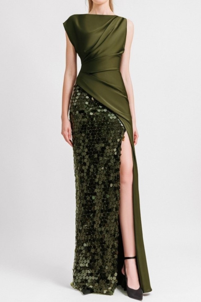 Asymmetrical Draped Satin Dress