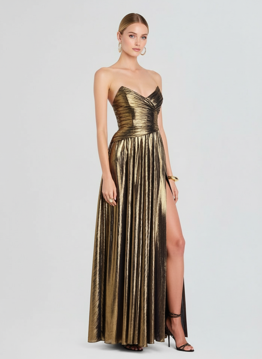 Antique Gold Strapless Evening Gown with Side Slit