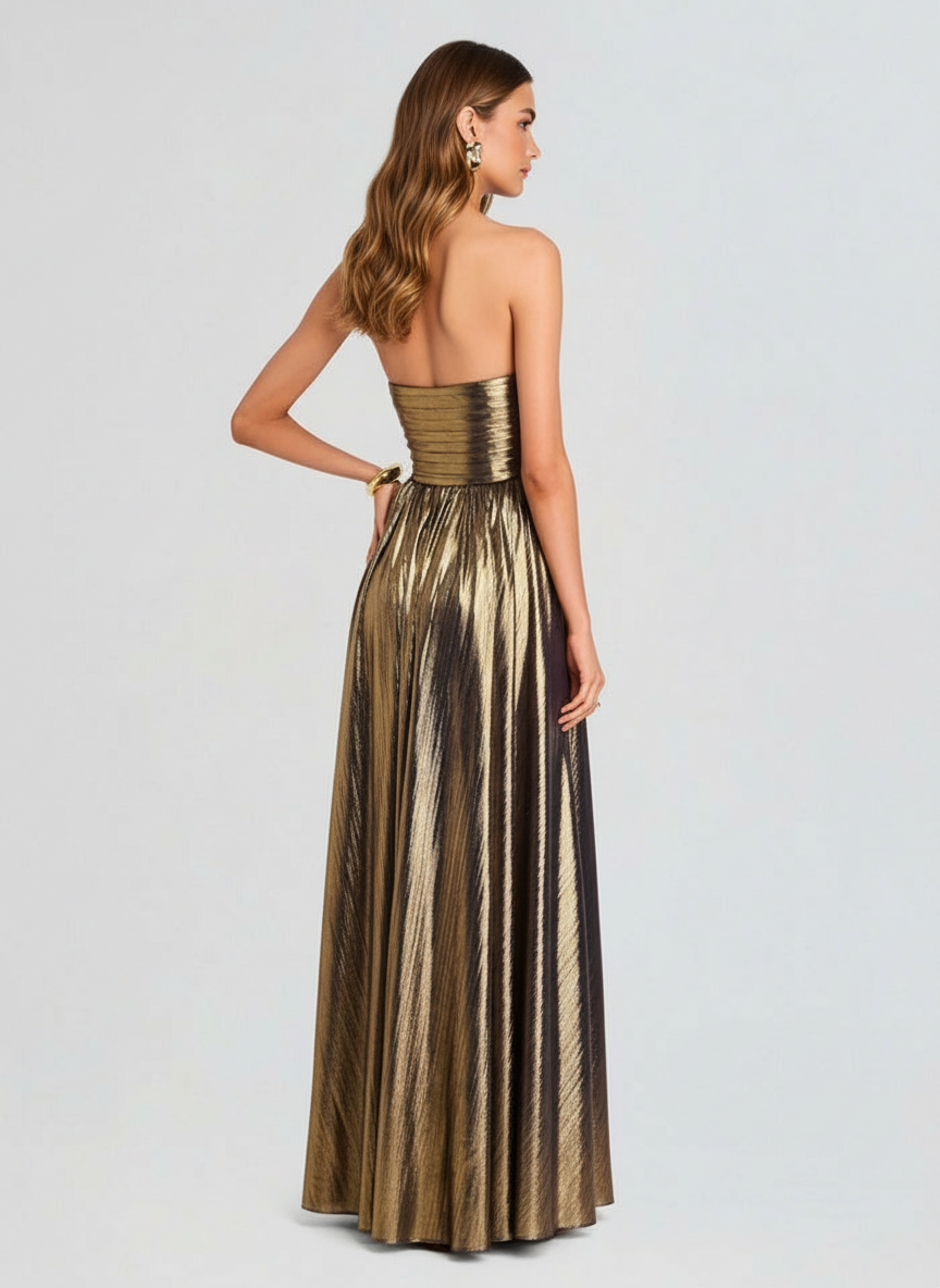 Antique Gold Strapless Evening Gown with Side Slit