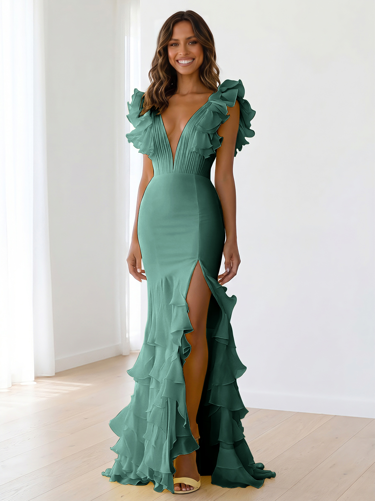 Yellow Chiffon V Neck Mermaid Ruffled Maxi Formal Dress with Slit