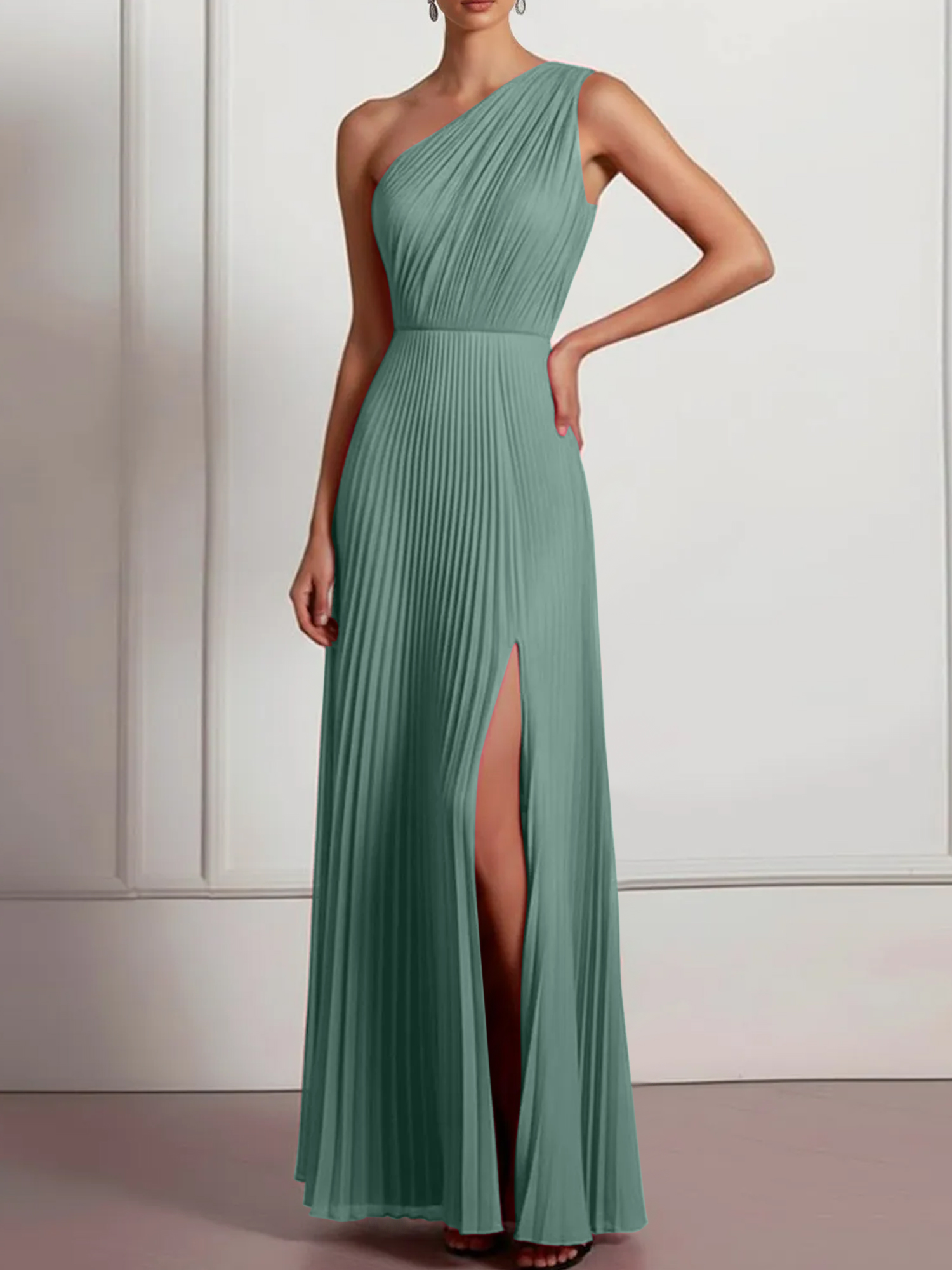 Blush Formal Party Dress One Shoulder Pleated Maxi Dress with Slit
