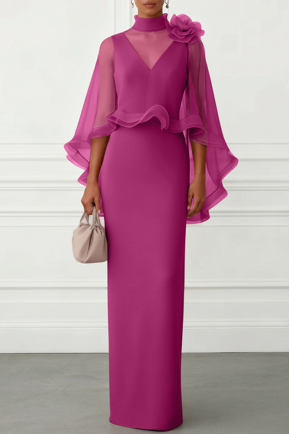 Nudepink 3D Floral Mesh Classic Mock Neck Half Sleeve Sheath Floor-length Gown Dress