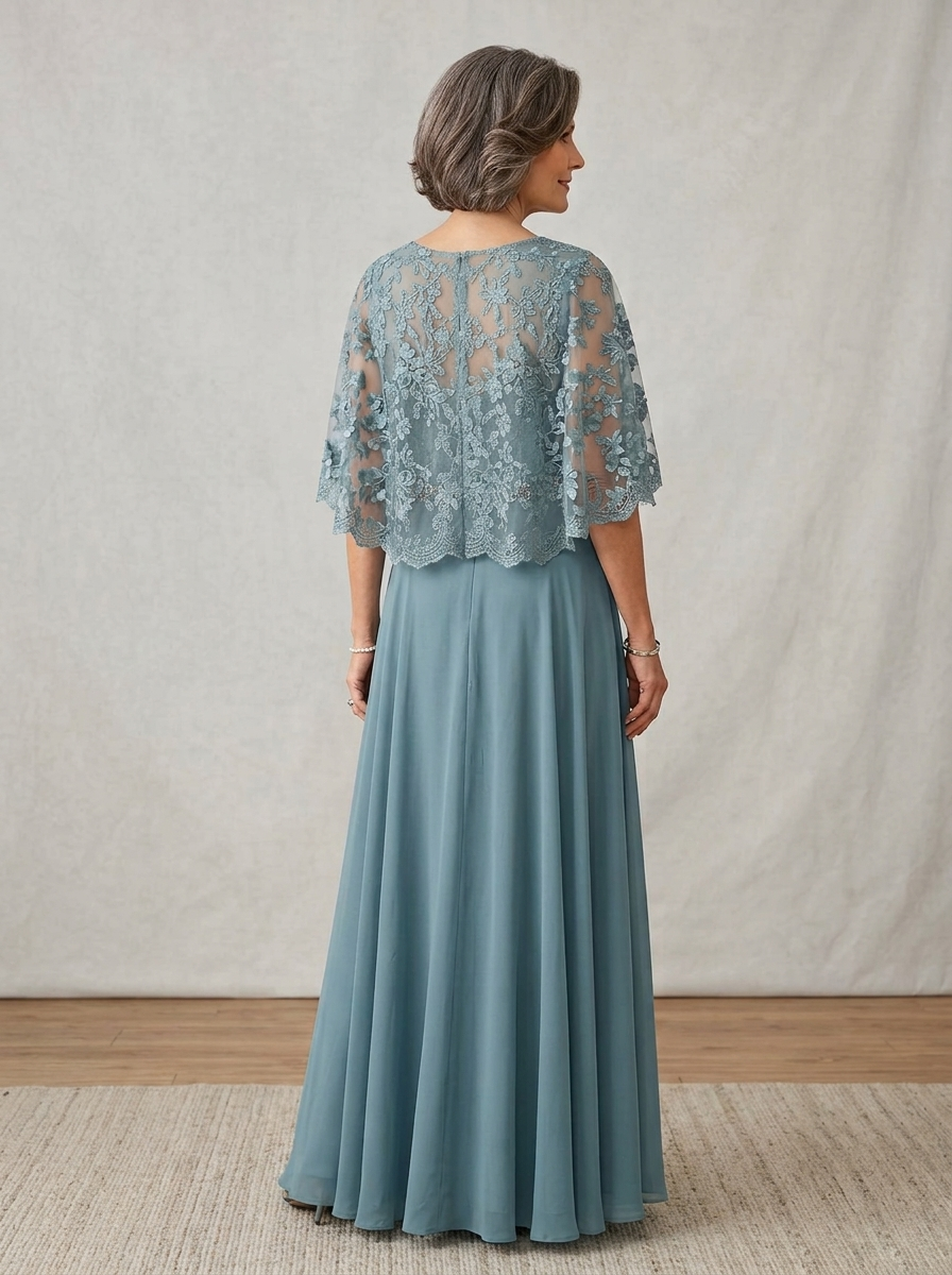 Elegant Embroidered Lace Portrait Gown with Detachable Sheer Capelet