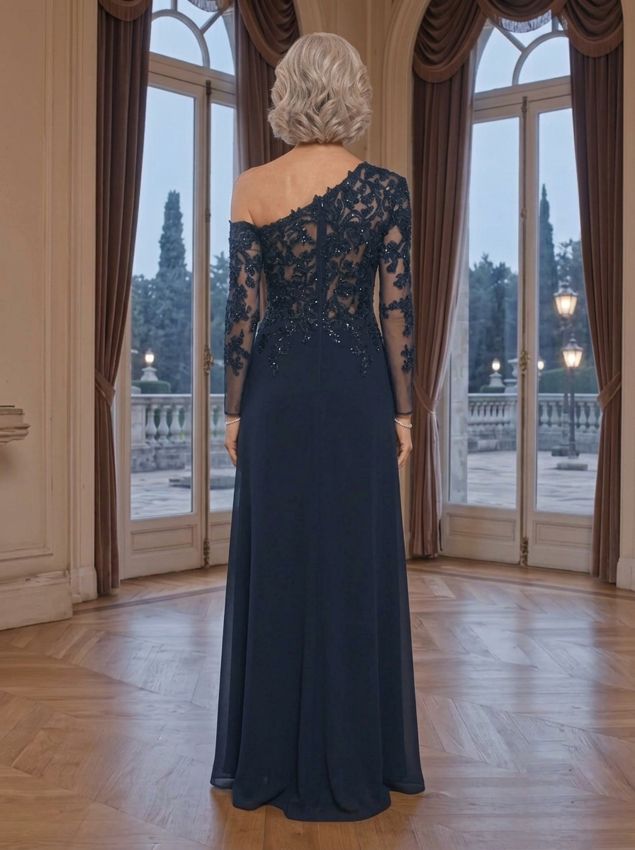 Asymmetrical Lace-Bodice Chiffon Evening Gown
