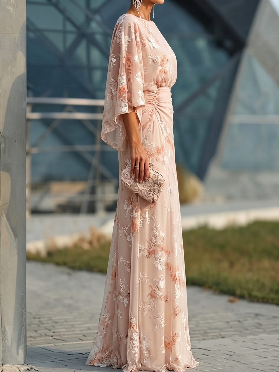 Blush Floral Embroidery Chiffon Maxi Dress
