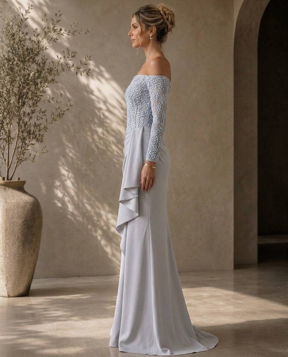 Exquisite Off-the-Shoulder Illusion Lace Crepe Gown with Asymmetric Ruffle Skirt