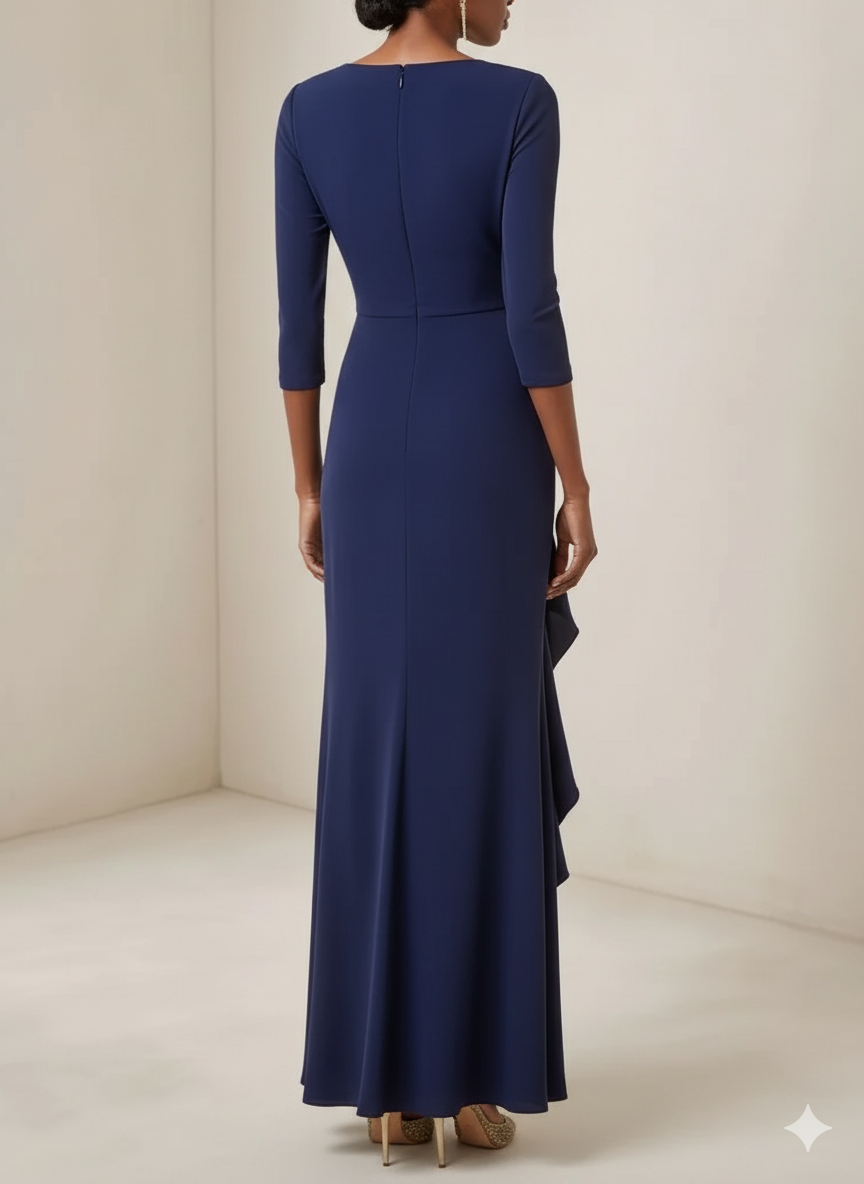 Dark Blue Ruched V Neck Long Sleeve A-Line Gown Floor Length Dress