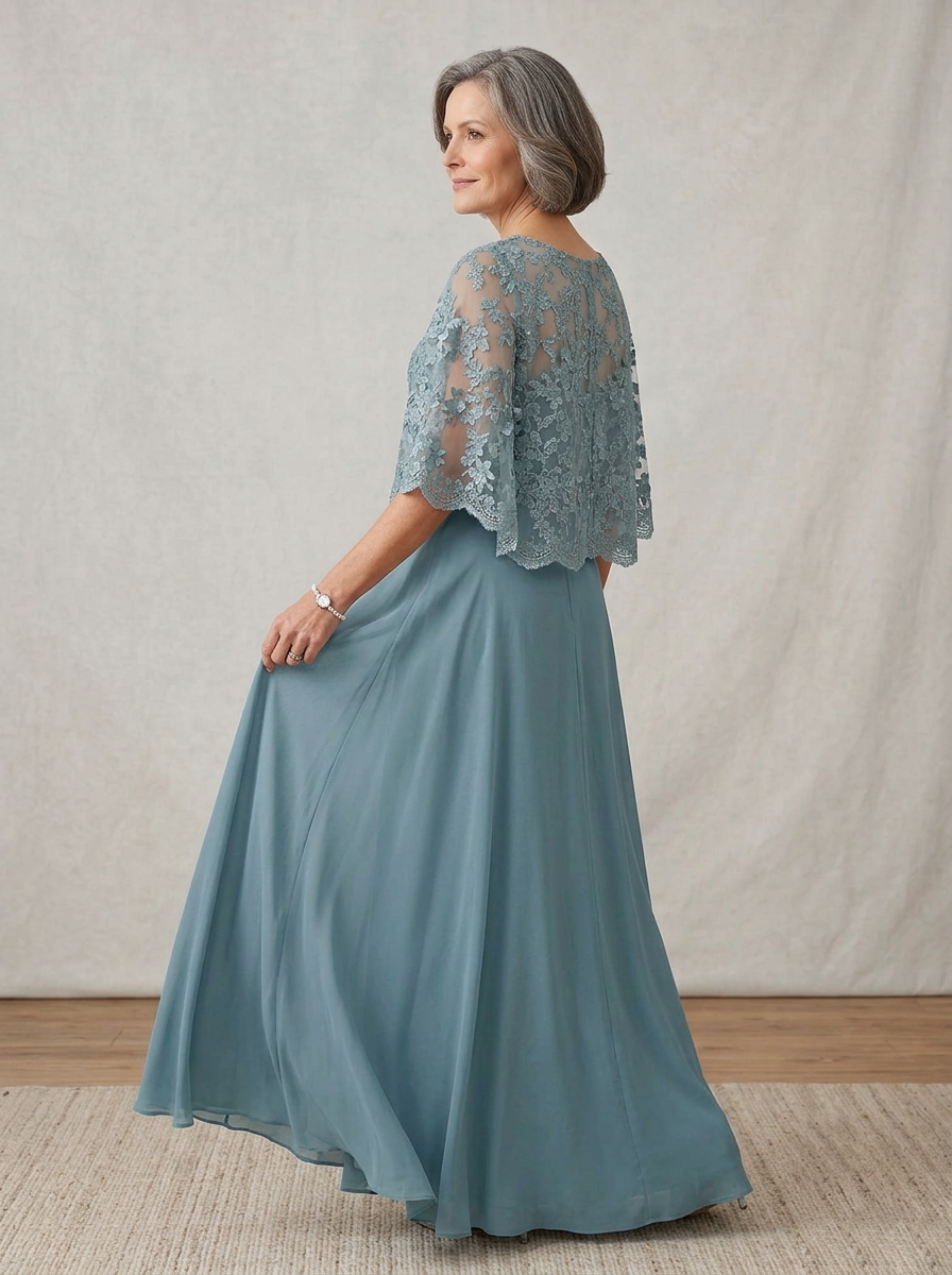 Elegant Embroidered Lace Portrait Gown with Detachable Sheer Capelet