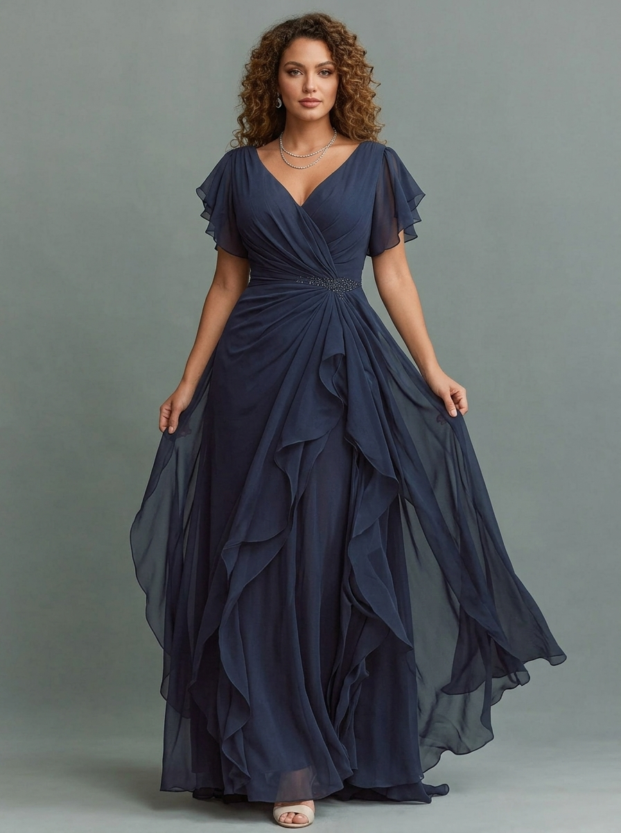 Solid Color V-neck Ruffled Chiffon Maxi Dress