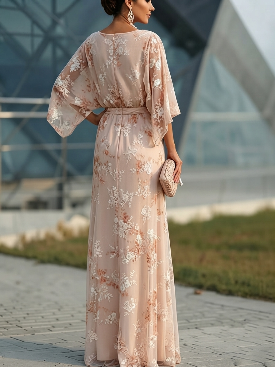Blush Floral Embroidery Chiffon Maxi Dress