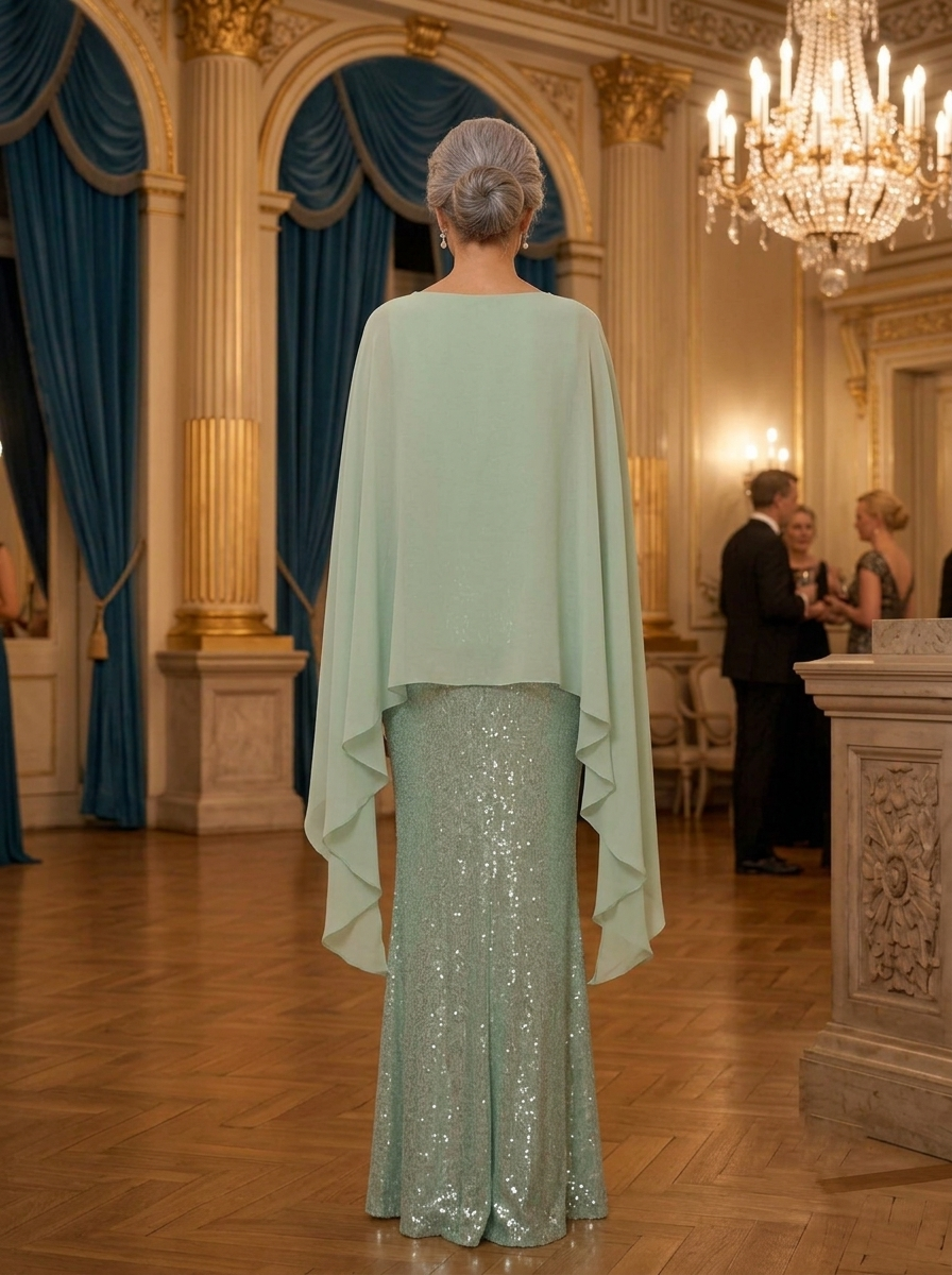 Elegant Sequined Column Gown with Sheer Cape Overlay