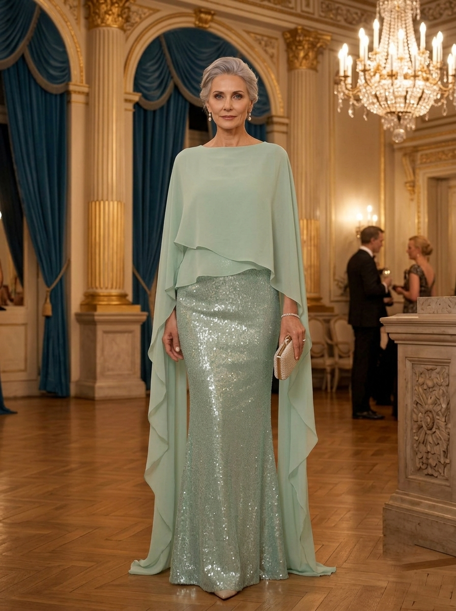 Elegant Sequined Column Gown with Sheer Cape Overlay