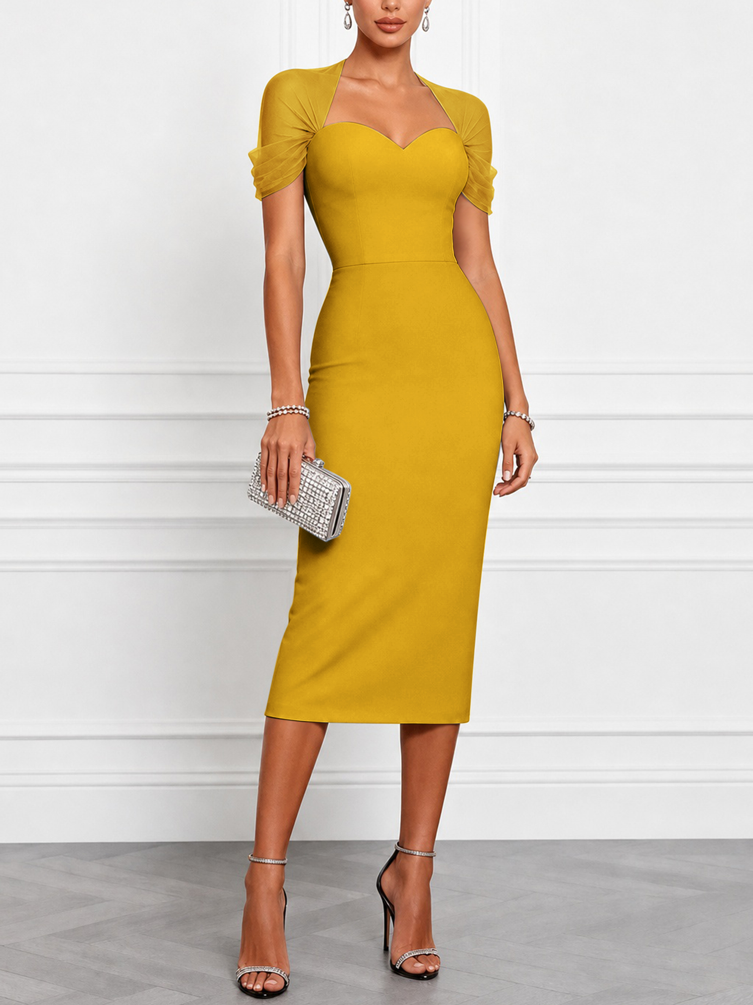 Black Sweetheart Neckline Mesh Sleeve Blended Midi Dress
