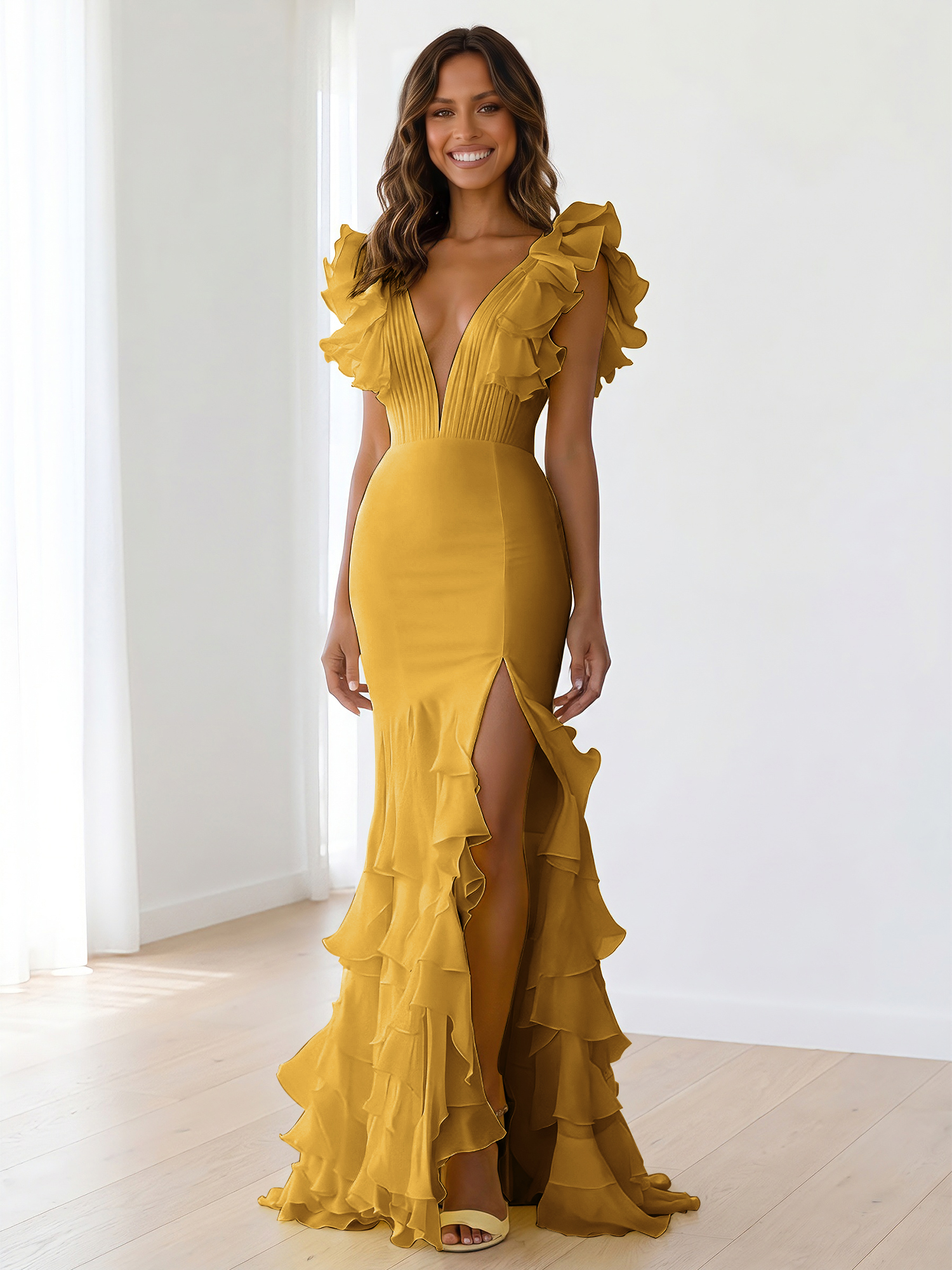 Yellow Chiffon V Neck Mermaid Ruffled Maxi Formal Dress with Slit