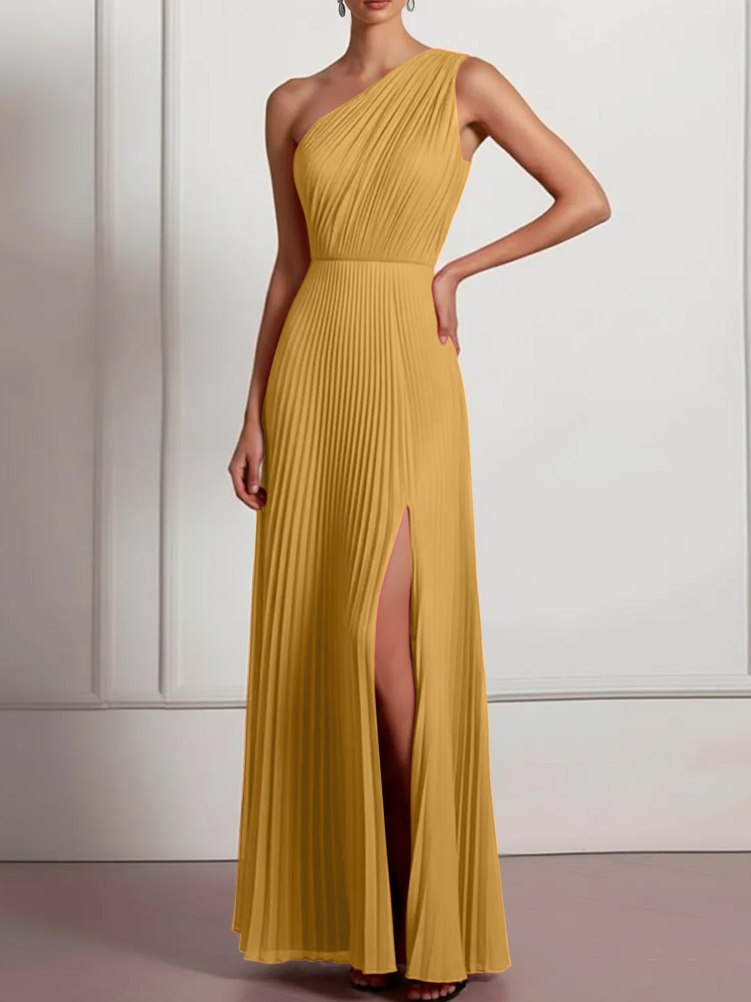 Blush Formal Party Dress One Shoulder Pleated Maxi Dress with Slit