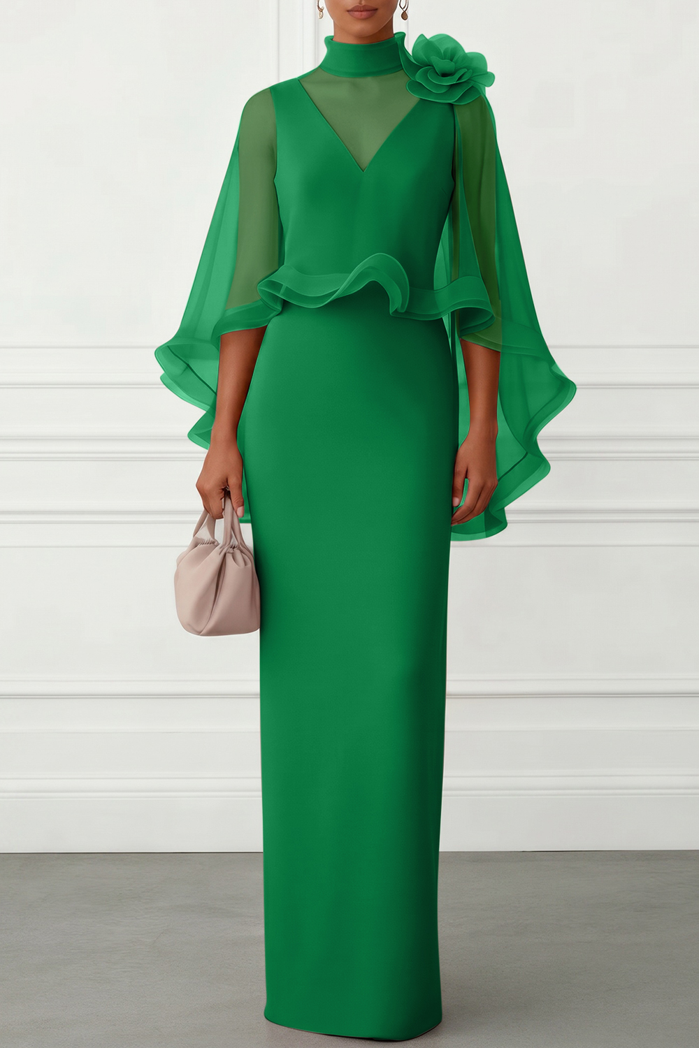 Nudepink 3D Floral Mesh Classic Mock Neck Half Sleeve Sheath Floor-length Gown Dress