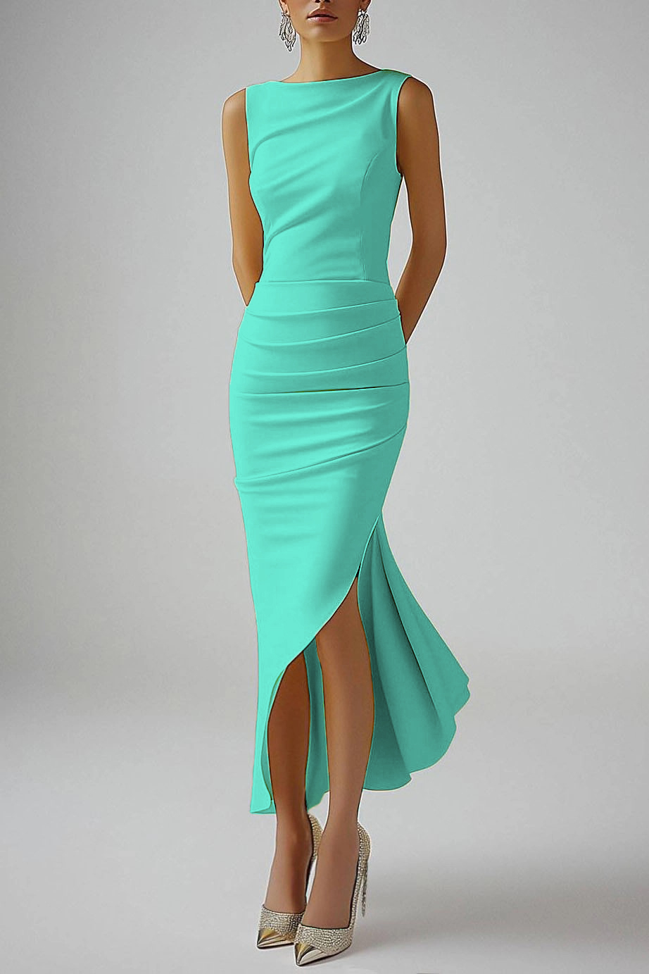 Cocktail Party Dress Light Yellow Sleeveless Ruched Asymmetrical Midi Dress