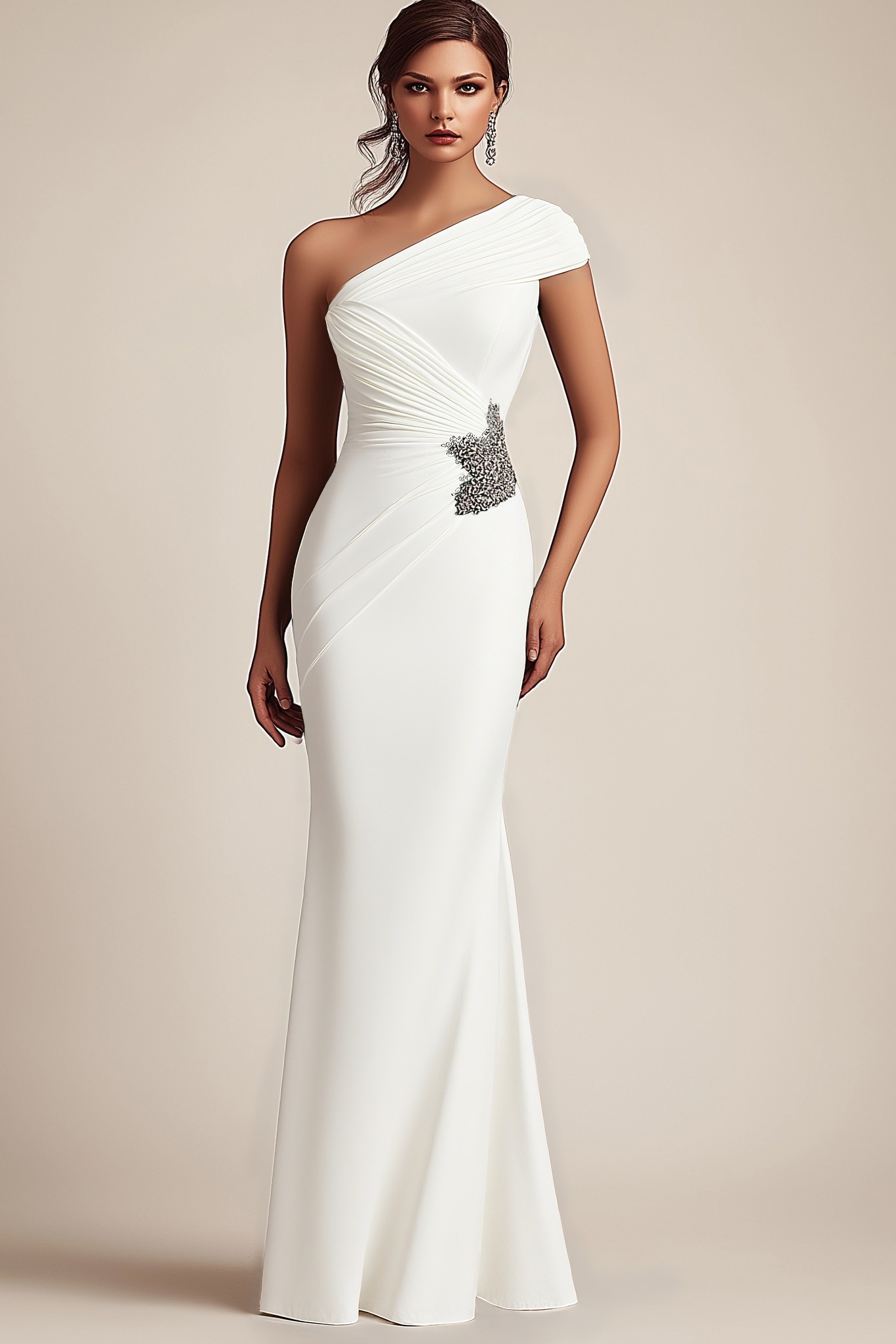 Formal Evening Dress Green One Shoulder Pleated Rhinestone Maxi Gown