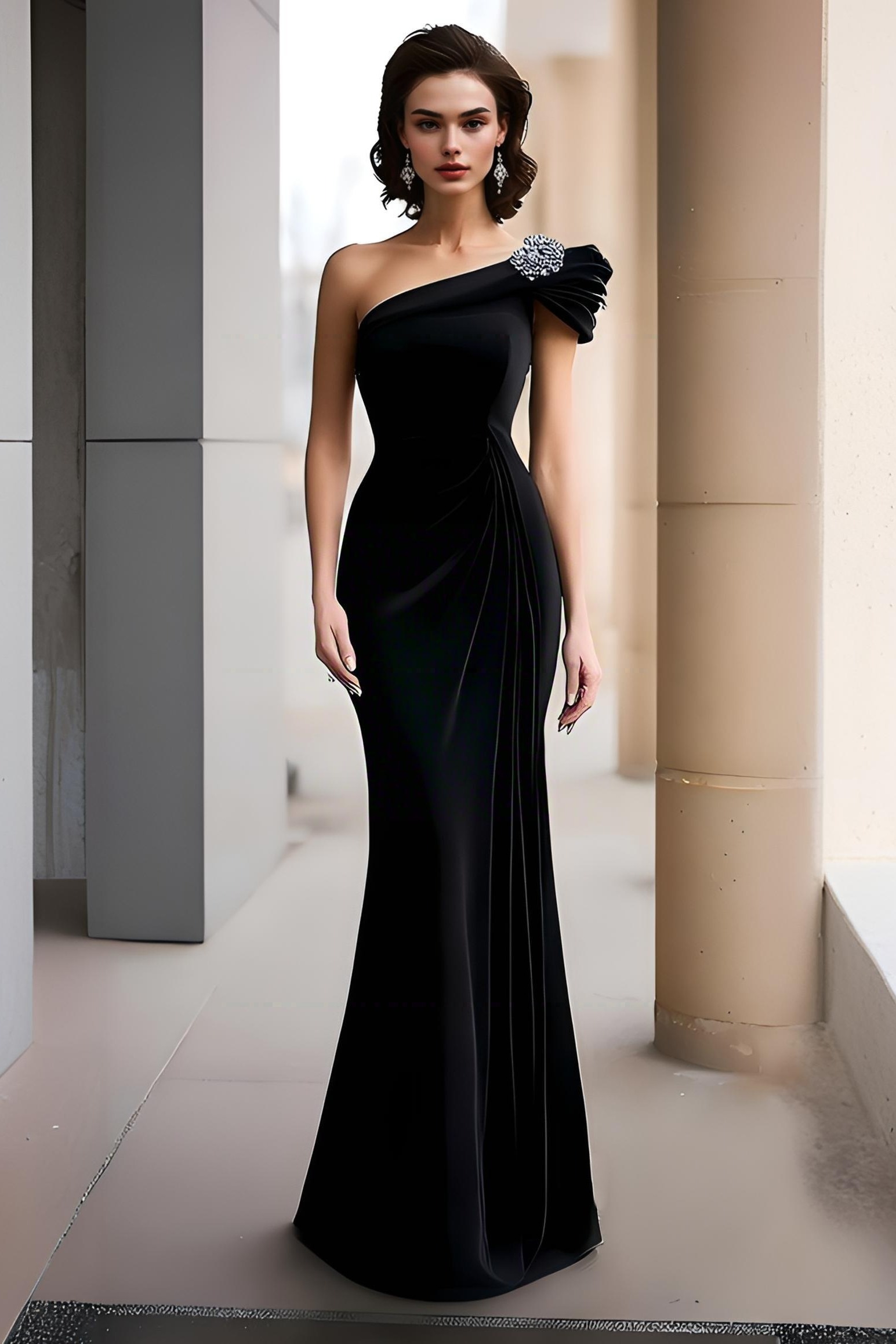 Formal Evening Velvet Dress Black One-Shoulder Maxi Dress