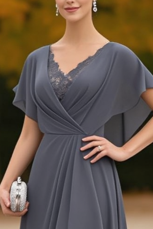 Wedding Dress Grey V Neck Lace Maxi Mother of the Bride Dress