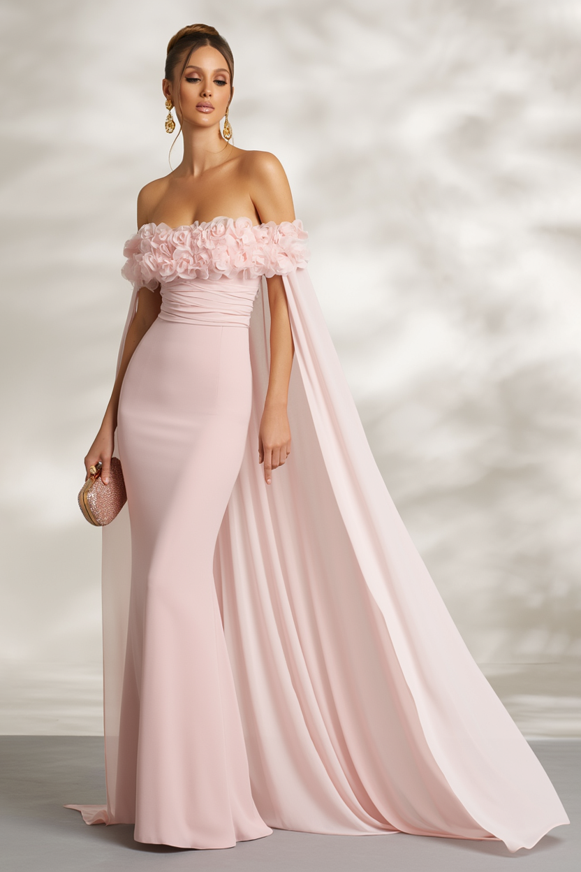 Wedding Dress Pink Off Shoulder Floral Cape Maxi Dress